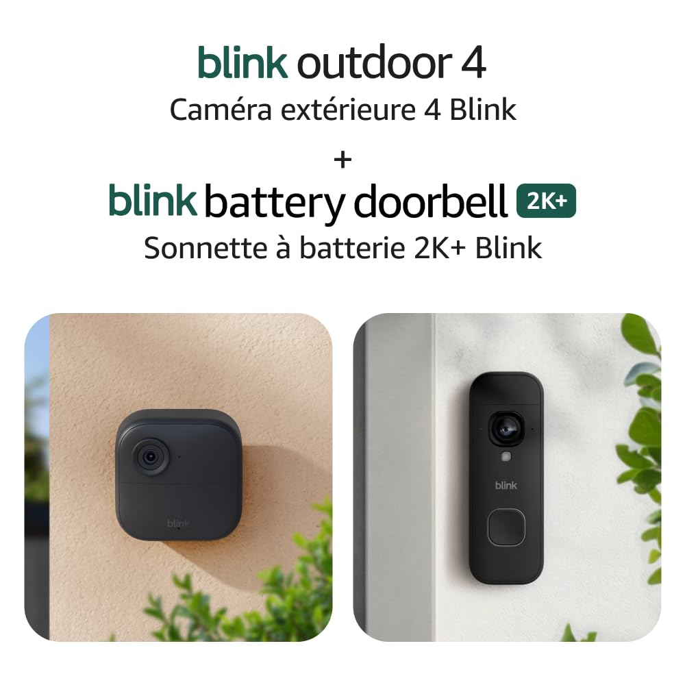 Blink Outdoor 4 and Battery Doorbell 2K+ (newest model) — Two-year battery 1080p cameras and 2K battery doorbell. Sync Module Core included — 2 Cameras + Doorbell (Black)