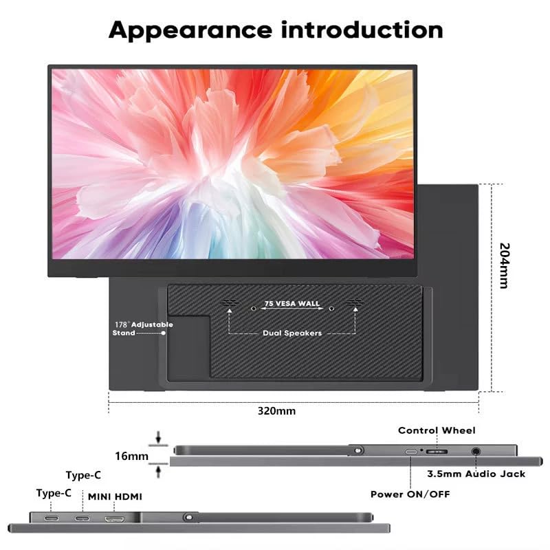 Image of cjc 14 inch Portable Monitor,FHD 1080P Ultra Slim Gaming External Display Monitor with Built-in Kickstand,75% sRGB,USB-C /HDMI Plug and Play, Second Screen for Laptop, PC, PS5, Mac, Xbox,Switch
