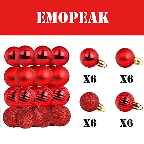 Emopeak 24Pcs Christmas Balls Ornaments For Xmas Christmas Tree - 4 Style Shatterproof Christmas Tree Decorations Hanging Ball For Holiday Wedding Party Decoration (Red, 1.3"/3.2Cm) #TOP2