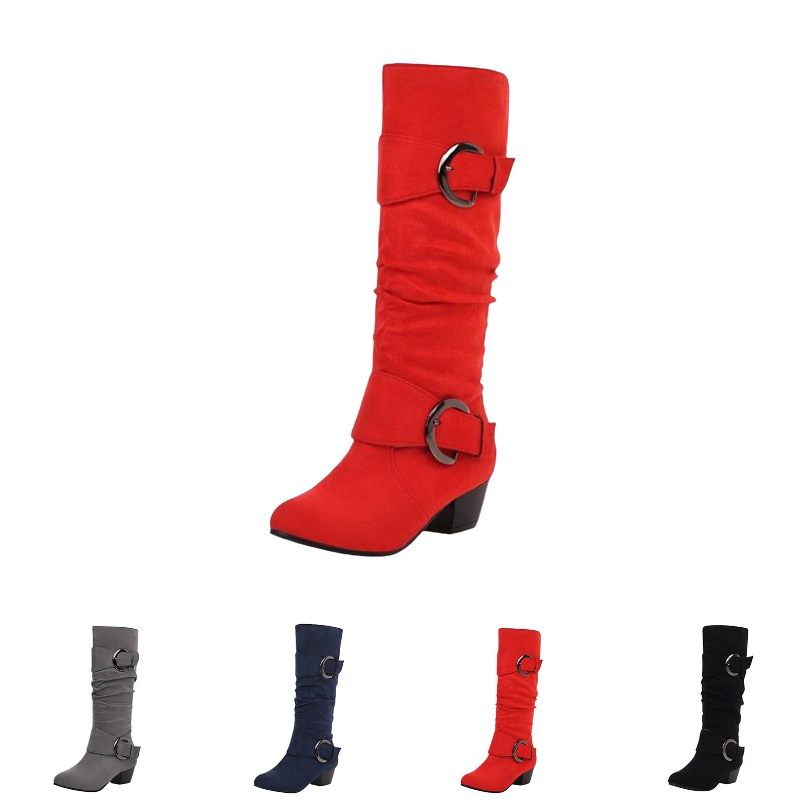 Botas de vaquero para mujer, de ante alto, hasta la rodilla, con tacón de bloque, botas largas con cremallera lateral, botas puntiagudas del oeste con hebilla, rojo, 38 EU