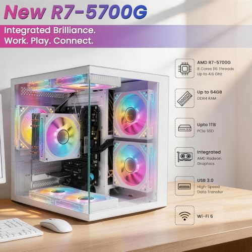 Image of LXZ Gaming PC Desktop Computer, AMD Ryzen 7 5700G, 16GB DDR4, 1TB NVME SSD, Prebuilt Tower PC with Integrated Graphics, WiFi, RGB Cooling Fans, for Home Office and Student, White Tempered Glass Case