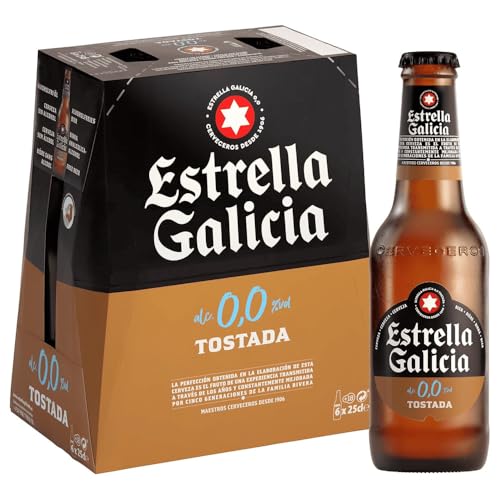Estrella Galicia 0,0 Tostada - Cerveza Lager sin Alcohol, Pack de 6 Botellas x 25 cl, Sabor y Aroma Tostado y Equilibrado, 0% Volumen de Alcohol