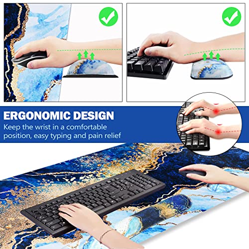 Image of ArtSo Large Gaming Mouse Pad, Keyboard Wrist Rest Pad & Wrist Support Mousepad Set, Stitched Edge, Extended, Non-Slip Base, Memory Foam,Multifunctional Desk Mat 4pcs for Office & Home, Blue Marble