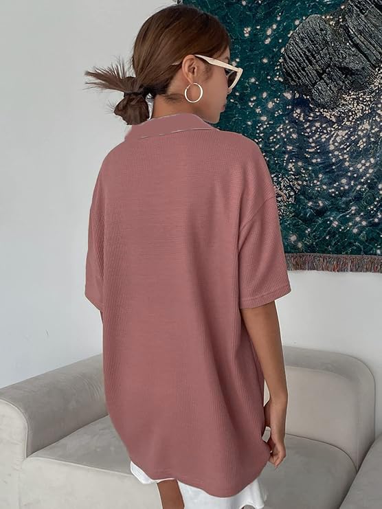 Image of Zilcon Womens Half Sleeve Oversized Tshirt for Woman Trendy Casual V Neck Summer Collared Preppy Tops Fashion Loose Fitted Western Tops for Women Stylish
