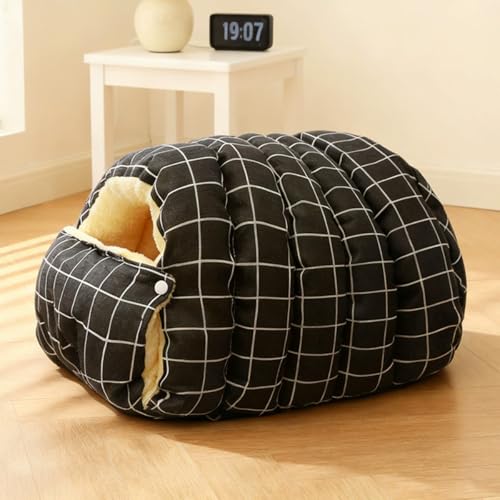 Cuccia per gatti grande, semi-chiusa con cappuccio, calda, cuccia per cani di taglia media, tenda calmante, igloo per interni, lavabile, cuccia per gatti di piccola taglia (nero-lino, L-65x40x28cm)