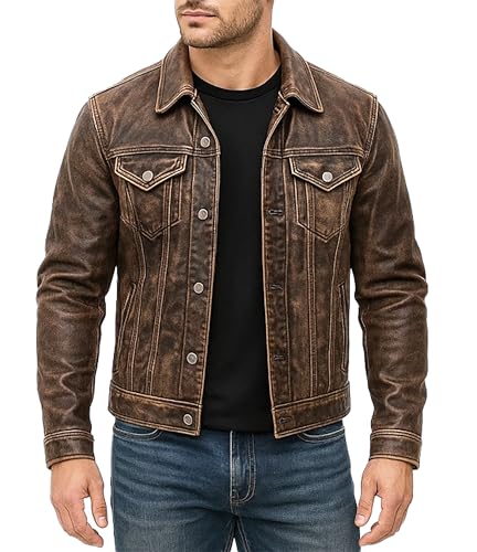 Black Leather Jacket For Men - Distinctive Distressed Brown Trucker Jacket - Vintage Style For Men