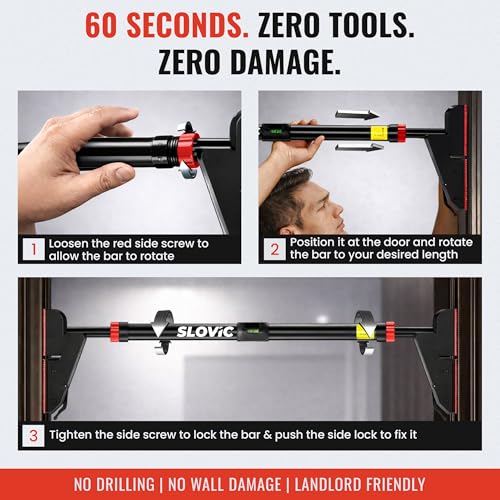 Image of Slovic Pull up Bar for Home Kids [300 KG] | No Screw Pull Ups Bar Wall Mounted with Anti-Skid Grip | Pull-up Bar for Homes Workout | Gym Equipment for Home Workout (Length 76-95 CM)
