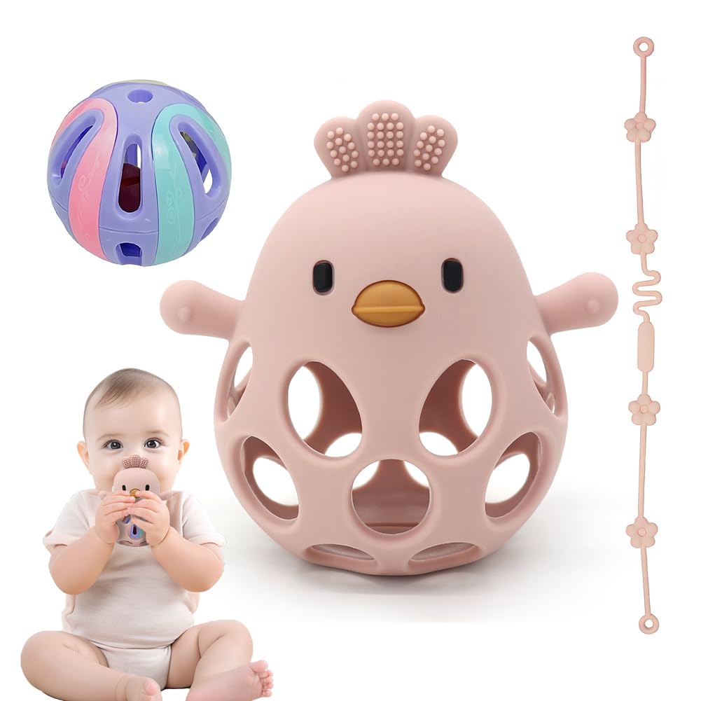 Beißring & Rassel für Babys - Sensorik Spielzeug ab 0 Monate, Zahnungshilfe & Greifball - Geschenk für Jungen & Mädchen chicken (PINK)