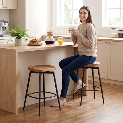 Image of 25'' Backless Swivel Counter Height Bar Stools Set of 2, Solid Wood Saddle Stools with Metal Legs, Modern Wooden Bar Stools for Kitchen Island, Walnut