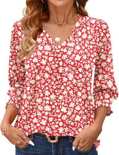 AKEWEI 3/4 Length Sleeve Womens Tops Smocked Floral Shirts for
