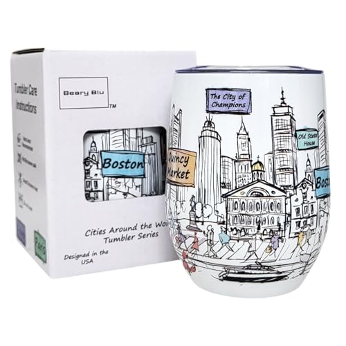 Beary Blu Cities Around the World 12 Oz Tumbler Series - Designed in the USA - Vacuum Insulated Tumbler with Lids - Stainless Steel Wine Coffee Water Travel Mug for Hot Cold Drink (Boston)