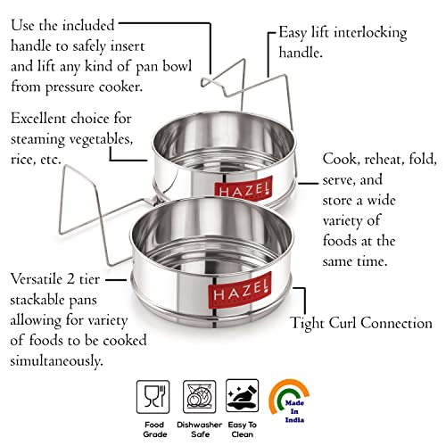 Image of HAZEL Cooker Separator with Lifter | Dal Chawal Container for Cooker | Stainless Steel Flat Cooker Dabba for 3 Litre | Set of 2 Containers, Dia : 13 x Height : 4.1 cm