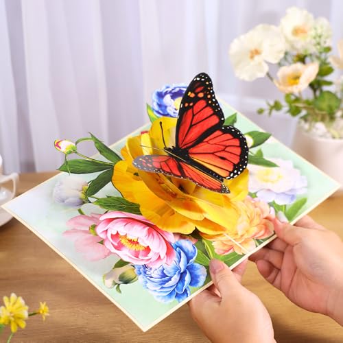 Image of Pop Up Flower Card, Greeting Card, Butterfly and Pink Peony Flower 3D Pop Up Card 6 inchx 8 inch, Mother's Day Pop Up, Anniversary, Birthday, Valentine's Day Card, Wife, Grandma