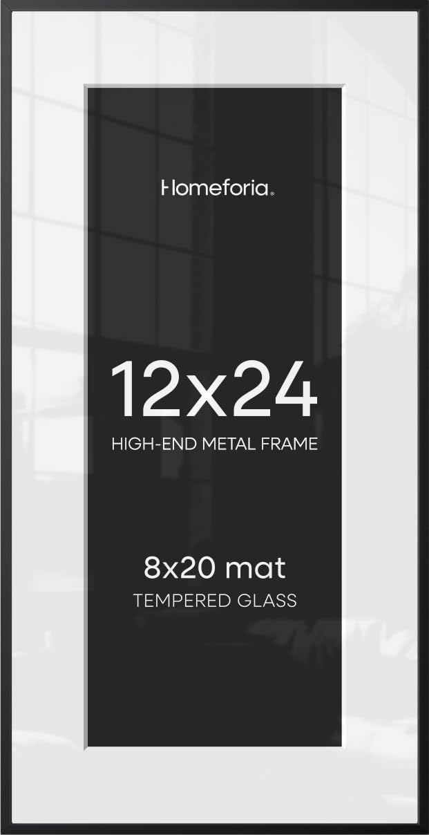 Homeforia 12x24 Black Picture Frame, High-End Metal, 8x20 Mat, Glass