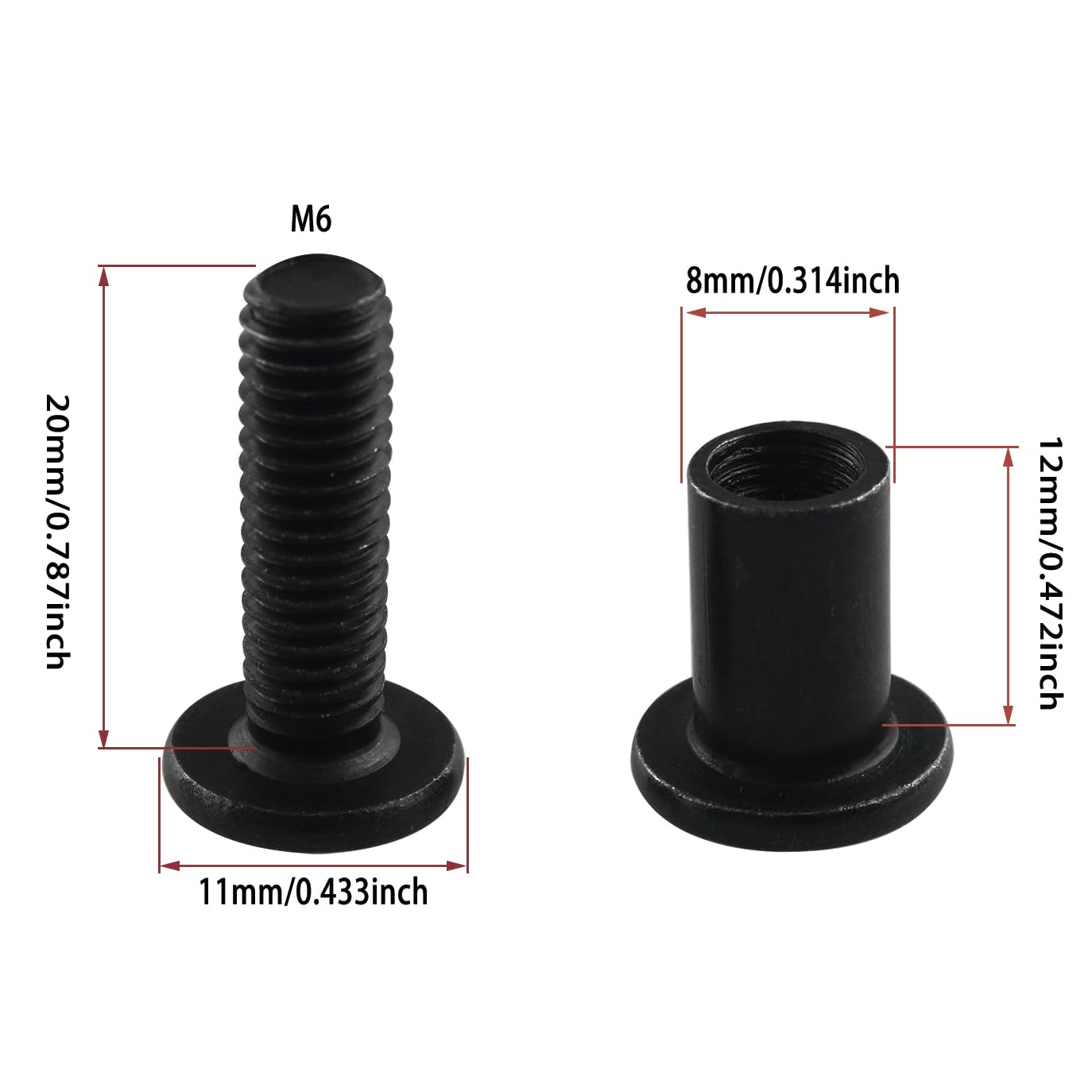 JianLing 10-Pack Black Carbon Steel Chicago Screws – M6x20mm Binding Bolts, 5/16" (8mm) Hole Fit, For Leather Crafts, Bags, And Furniture Assembly