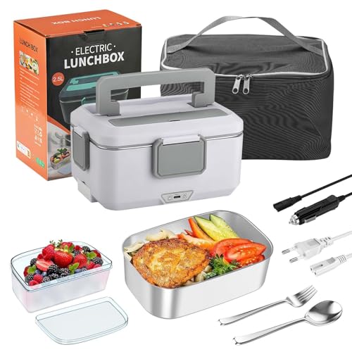 RUICUBEI Lunch Box, Lunch Box Électrique 90W Pour Voiture et Camion et Bureau Gamelle Chauffante 3 en 1 Acier Inoxidable 12V 24V et 220V Boîte à Repas 2,5L Avec Noir Sacs Isolants (2.5L - Gris - 90W)