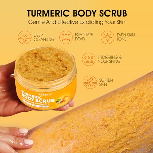 VOERUY Body Scrub, Turmeric Exfoliating Body Scrub, with Coconut Oil & Vitamin C, Bikini Area Exfoliator Gently Exfoliate Body Hand and Foot Scrub, Moisturized Skin for Women and Men, 11.28oz/320g