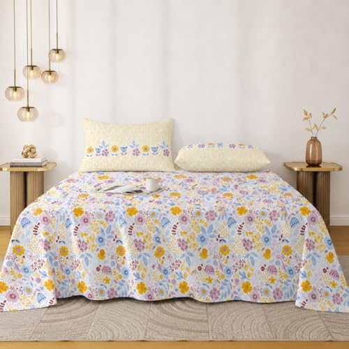 Image of Jaipur Weaves Cotton King Size Bedsheet 108x108 Super King, 100% Pure Cotton Bed Sheet with 2 Pillow Covers, 240 TC Soft Breathable Floral Design Bedding - (Sunny Floral Delight, Super King)