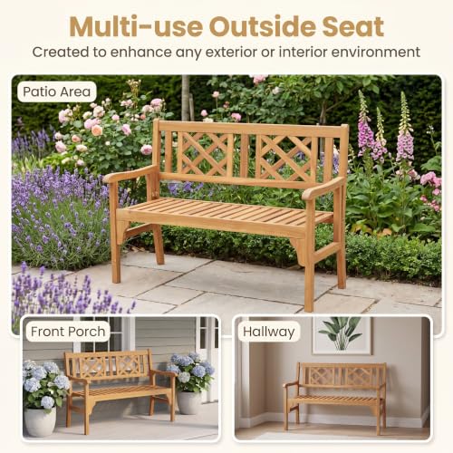 Image of Giantex 4 Ft Foldable Outdoor Bench, Acacia Wood Outside Loveseat with Curved Backrest and Armrest, 705Lbs Weight Capacity, Garden Bench for Patio, Park, Porch, Balcony