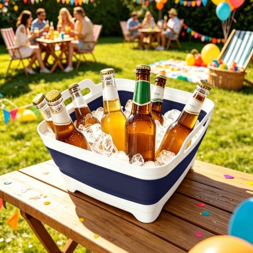 Image of FOSJGO Collapsible Dish Basin with Drain Plug, 2.4 Gal (9L) Space-Saving Foldable Sink, Wash Basin for Kitchen, Baby Bottles, Vegetable Washing, Camping, RV and Party Beverage Tubs (Navy blue)