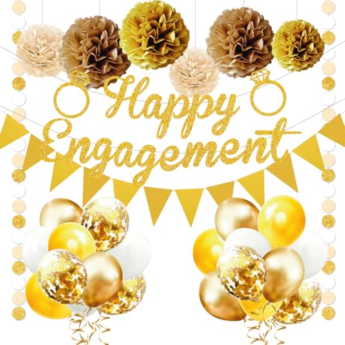Engagement Party Decorations Set - Complete Kit with Gold “Engaged” Banner, Garland, 20 Balloons & 6 Pom Poms for Proposal & Engagement Celebration DecorComplete (Gold)