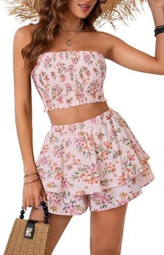 LYANER Women's 2 Piece Summer Outfits Boho Flora Print Crop Top Sleeveless Shirr