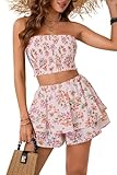 LYANER Women's 2 Piece Summer Outfits Boho Flora Print Crop Top Sleeveless Shirred Bandeau Tube Top and Tiered Layer Shorts Sets Light Pink X-Small