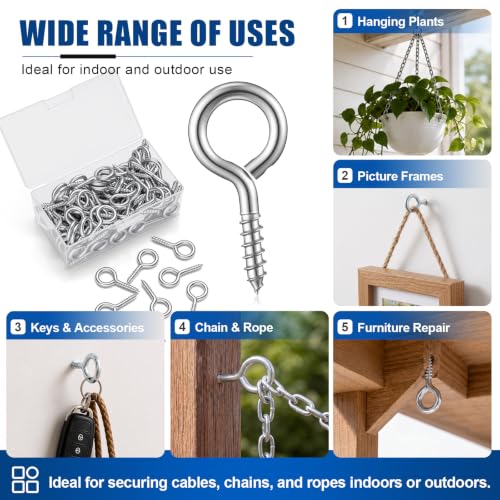 Image of Hicarer 100 Pack 2.2 Inch Zinc Plated Carbon Steel Eye Bolt, M6 Thread Heavy Duty Screw Hook, Self Tapping Screw for Wood, Galvanized Ring Bolt for Indoor Outdoor Use
