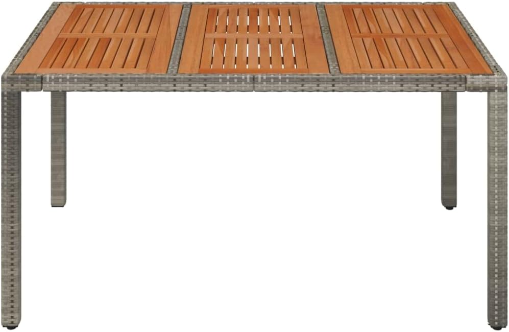 Garden Coffee Table with Wooden Top Grey, Weather-Resistant Poly Rattan and Acacia Wood, 59.1 x 35.4 in Outdoor Patio Furniture, Sturdy Powder-Coated Steel Frame, Seating for Six