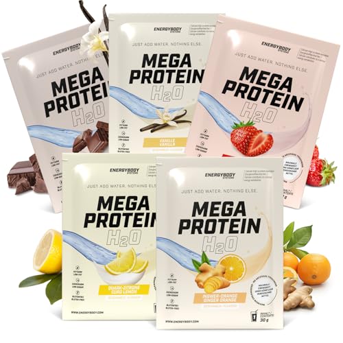 Energybody® Mega Protein H2O Protein Pulver Probierpaket - 5x30g - Für Wasser optimiertes Eiweiss Protein Pulver als Whey Casein Mix/Proteinpulver Probierpackung/Eiweißpulver Probierset