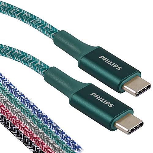 Philips 6 In. USB Type C Cable, USB-C To USB-C Emerald Durable Braided Fast Charging Cable, Compatible with iPad Pro, MacBook Pro, Samsung Galaxy S21/S10/S9/Plus, Google Pixel 5/C/3/2/XL, DLC5201EC/37