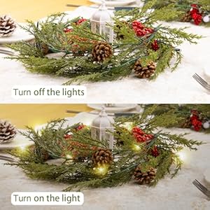 6FT Christmas Garland Artificial Red Berry Greenery Norfolk Pine Garland String Lights with 20 LED Light for Indoor Outdoor Home Mantle Xmas Holiday