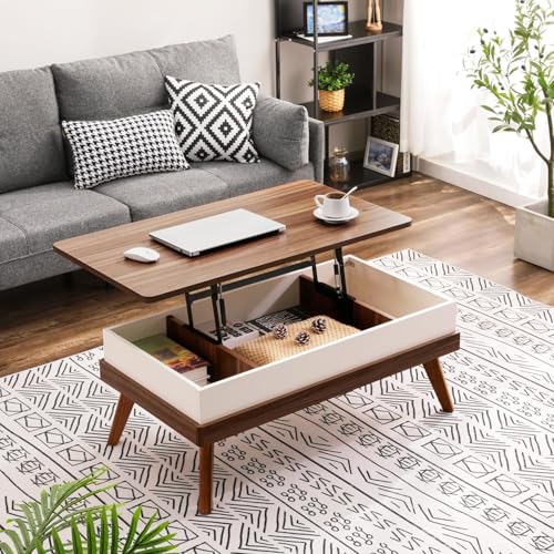 Lift Top Coffee Table with Hidden Storage 100x55x59 cm Modern Walnut and White (Requires Assembly)