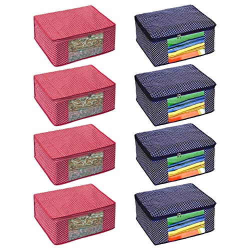 Image of Cotton Bag | Dress Set | Cotton Saree Cover Closet Orgnizer /Saree Bags for Wardrobe Orgnizer Clothe Covers | Saree Organizer Bag | with Transparent Window Set (Pack of 8, Pink + Blue)