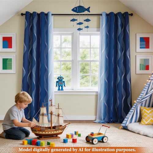 Image of MYSKY HOME Navy Blue and Greyish White 95% Blackout Gradient Curtains with Geometric Pattern for Boys Bedroom 72 Inches Long 2 Panels Set Full Room Darkening Grommet Ombre Drapes,52 inch W Each Panel