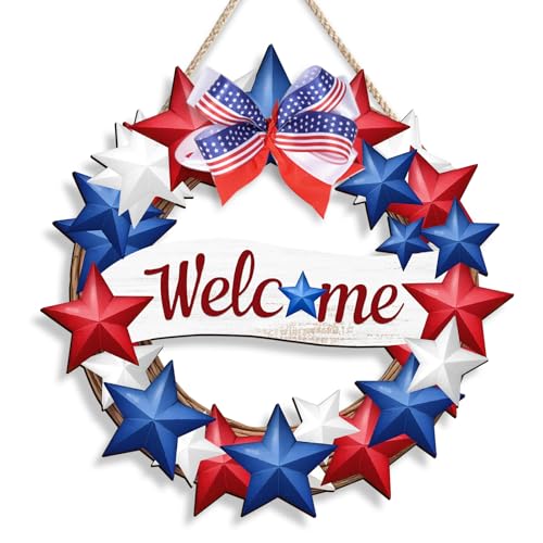 Fourth of July Deals, 4th of July Decorations, Patriotic Wreath, Welcome Sign for Front Door Indoor, Memorial Day Wooden Rustic Farmhouse American Decorations for Home