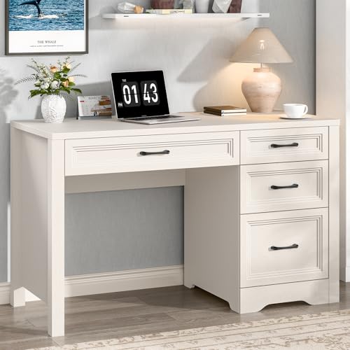 Image of Vabches Farmhouse Executive Desk with Storage and Ample File Drawer, Rustic Large Home Writing Desk for Bedroom, Pure White