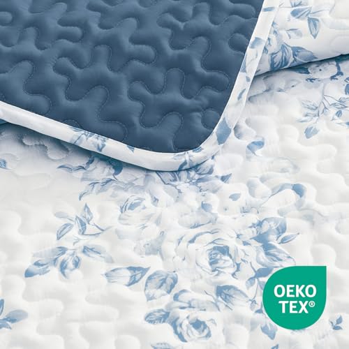 Image of Andency Quilt Queen Size, Blue Flower Bedspread Queen Size, 3 Pieces Soft Bedding Set, Lightweight Coverlet Set for All Season with 2 Pillowcases (96 inchx90 inch)