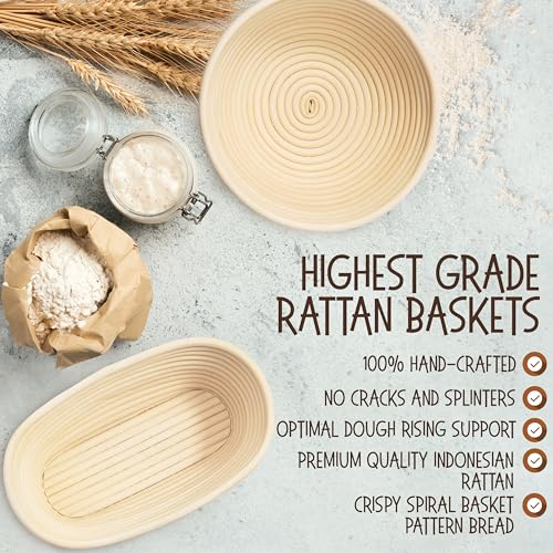 Superbaking Sourdough Proofing Basket Gift Set, Round 9" & Oval 10" Banneton, Sourdough Starter Kit, Sourdough Banneton Basket, Banneton Bread Proofing Basket Set of 2, Sourdough Bread Baking Supplies