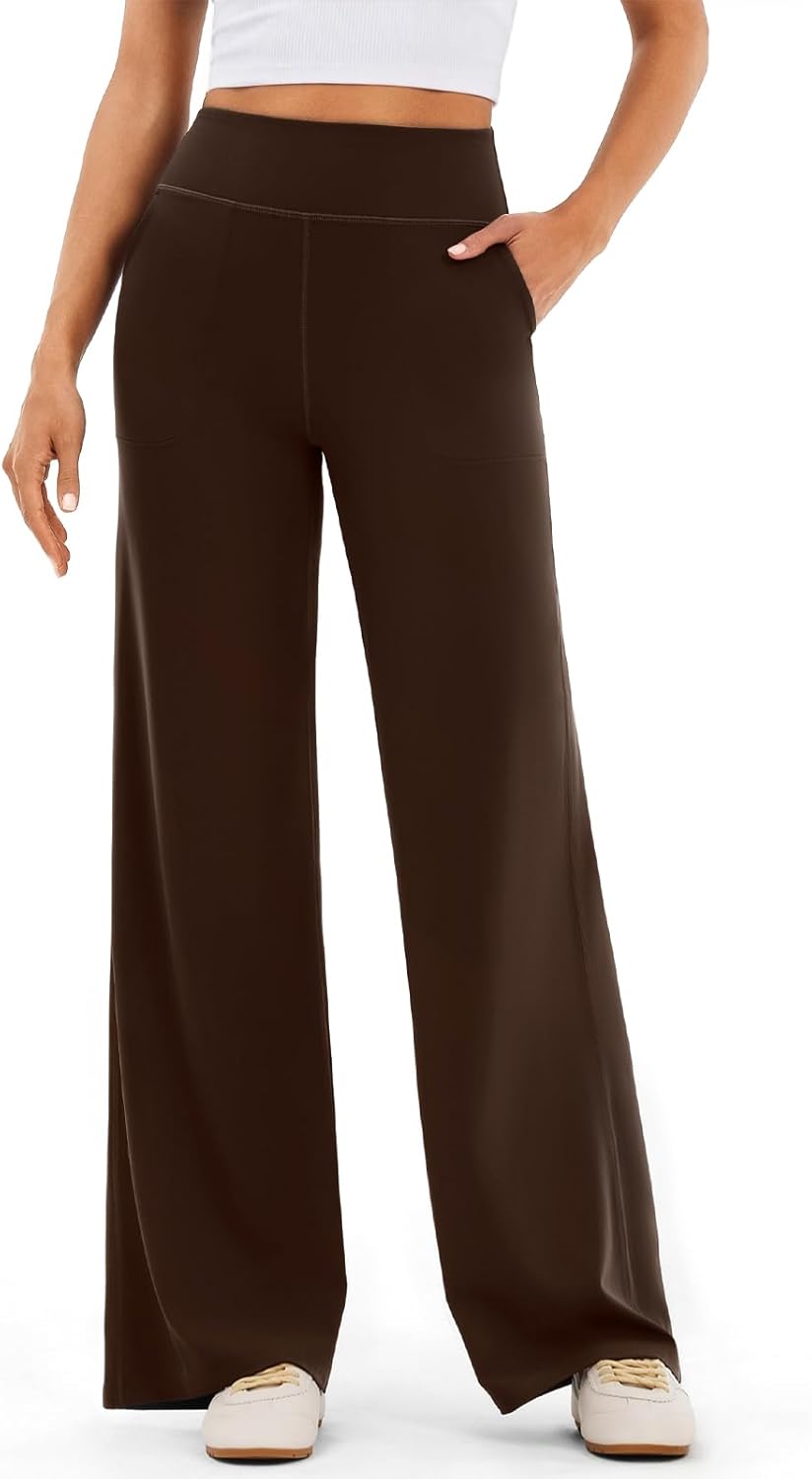 Wide Leg Yoga Pants - High Waist Stretch Loose Dress Pants with Pockets for Casual