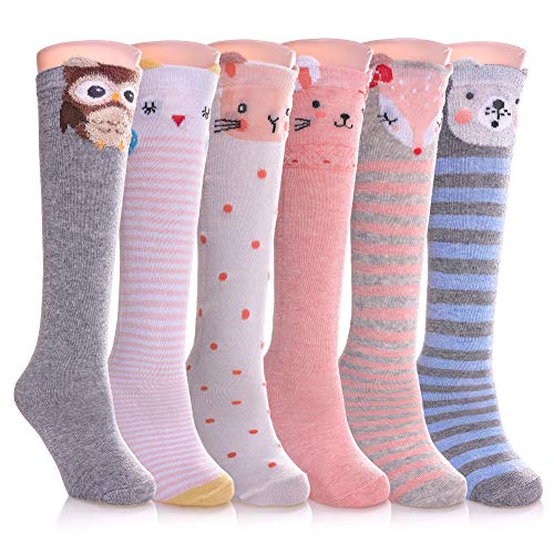 Image of FNOVCO Girls Knee High Socks Cartoon Animal Patterns Cotton Over Calf Socks