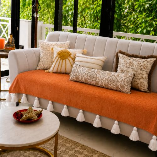 WWW.THROWPILLOW.IN Orange 3 Seater Sofa Cover with Tassels | Designer Anti-Slip Seat Cover with 2 Armrest Covers | Tassel Sofa Throw for Living Room |