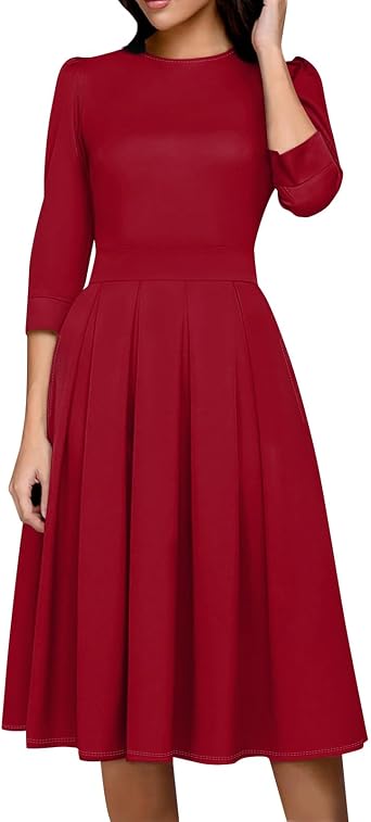 Vintage Midi Dresses for Women Modest 3/4 Sleeve Crew Neck Wrap Dress A Line Pleated Wedding Guest Dress with Pockets