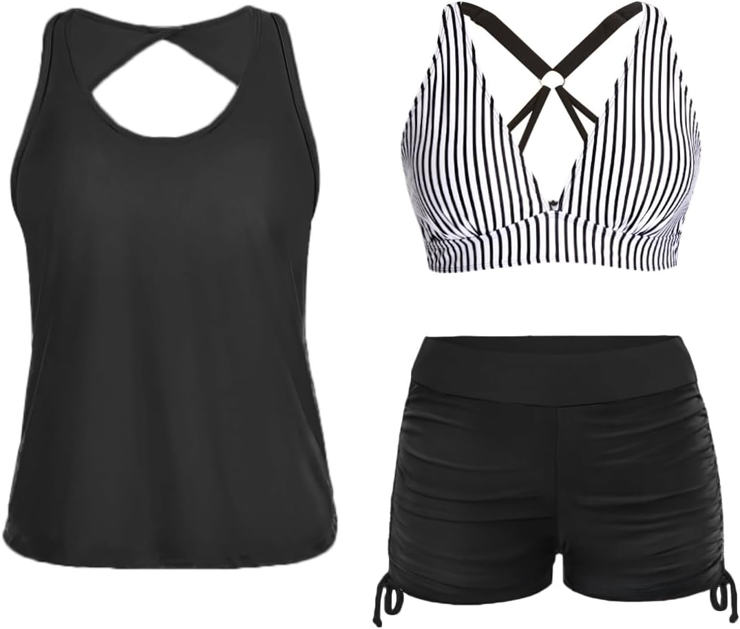 Yonique 3 Piece Tankini Swimsuits for Women Swim Tank Top Bathing Suits with Boy Shorts and Bra Athletic Swimwear