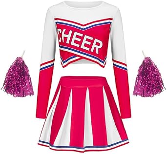 Adult Cheerleader Costume for Women Long Sleeve School Cheerleading Outfit Cheer Uniform and Pom Poms