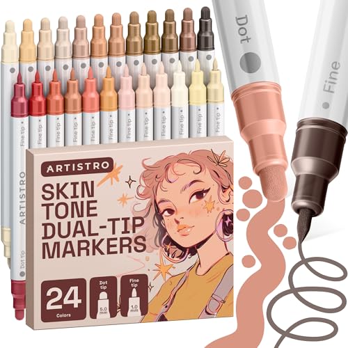Image of ARTISTRO 24 Skin Tones Dual-Tip Acrylic Paint Markers - Paint Pens Set with Dot & Fine Tips for Fabric, Rock, Glass, Wood, Coloring Books - Arts & Crafts Gift - Classroom Must Haves & School Supplies