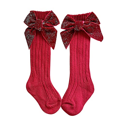 ESSECMBS Chaussettes Hautes Bébé Fille Chaussettes Longues avec Nœud Brillant Chaussettes Cadeaux Noël Nouvel An 0-3 ans (Rouge , 1-3 Years ) Cover
