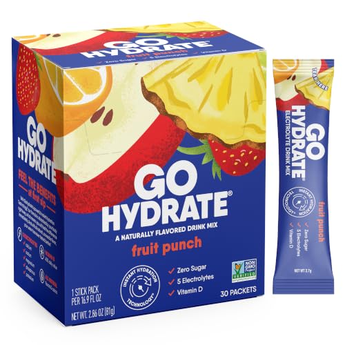 Image of GoHydrate Instant Hydration Powder Packets - Low Sodium Electrolytes Drink Mix - Natural Hydration Support, Sugar Free Electrolyte Flavored Powder Drink with Vitamin D, 30 Packs, Fruit Punch | Instant hydration daily drink mix; water flavor packet singles with Vitamin D