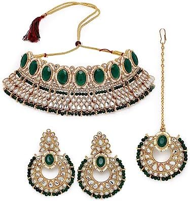 Sukkhi Delightful Trendy Gold Plated Green Kundan & Beads Choker Necklace Set With Earring And Maangtika | Jewellery Set For Women (NS105577)