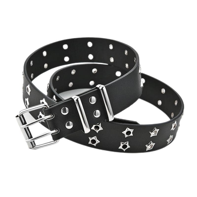 Women Punk Belt Black Double Grommet Stars Adjustable Waist Belt with Chain Hip-hop Style2